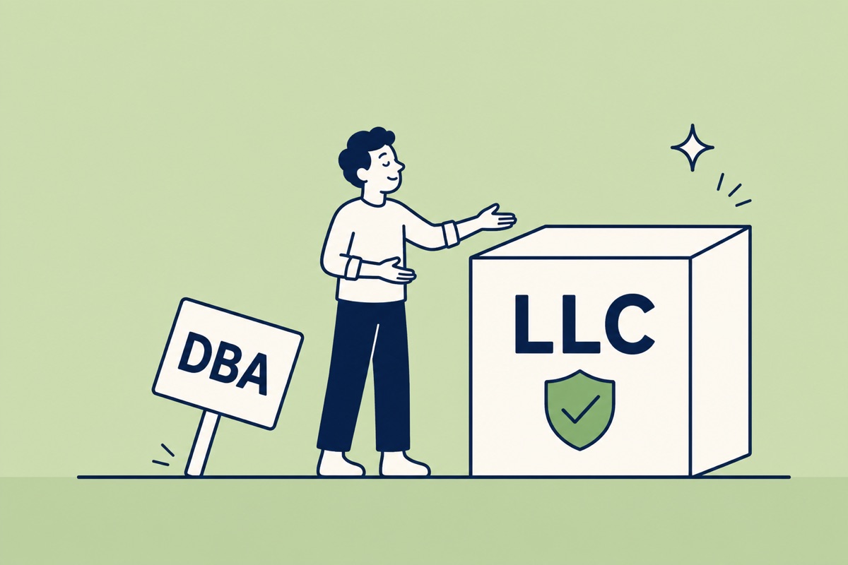 A signboard labelled DBA leaning against a solid LLC building block