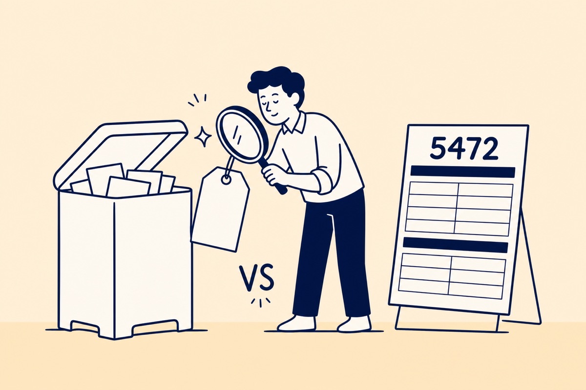 Person comparing a filing service box against Form 5472 with a price tag