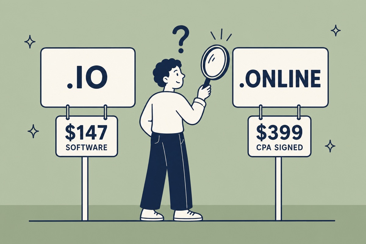 Two nearly identical domain names side by side with a magnifying glass