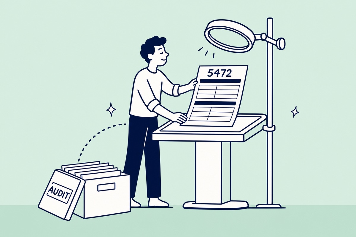 Person examining Form 5472 under a magnifying lamp beside an audit file box