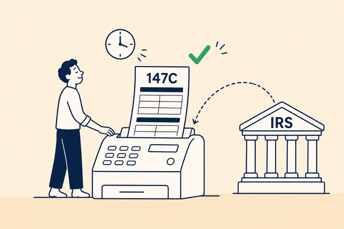 A fax machine receiving an IRS EIN verification letter beside a bank building