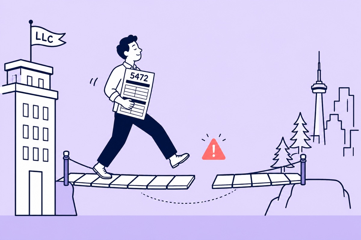 Canadian and US LLC documents split by a crack with a warning sign