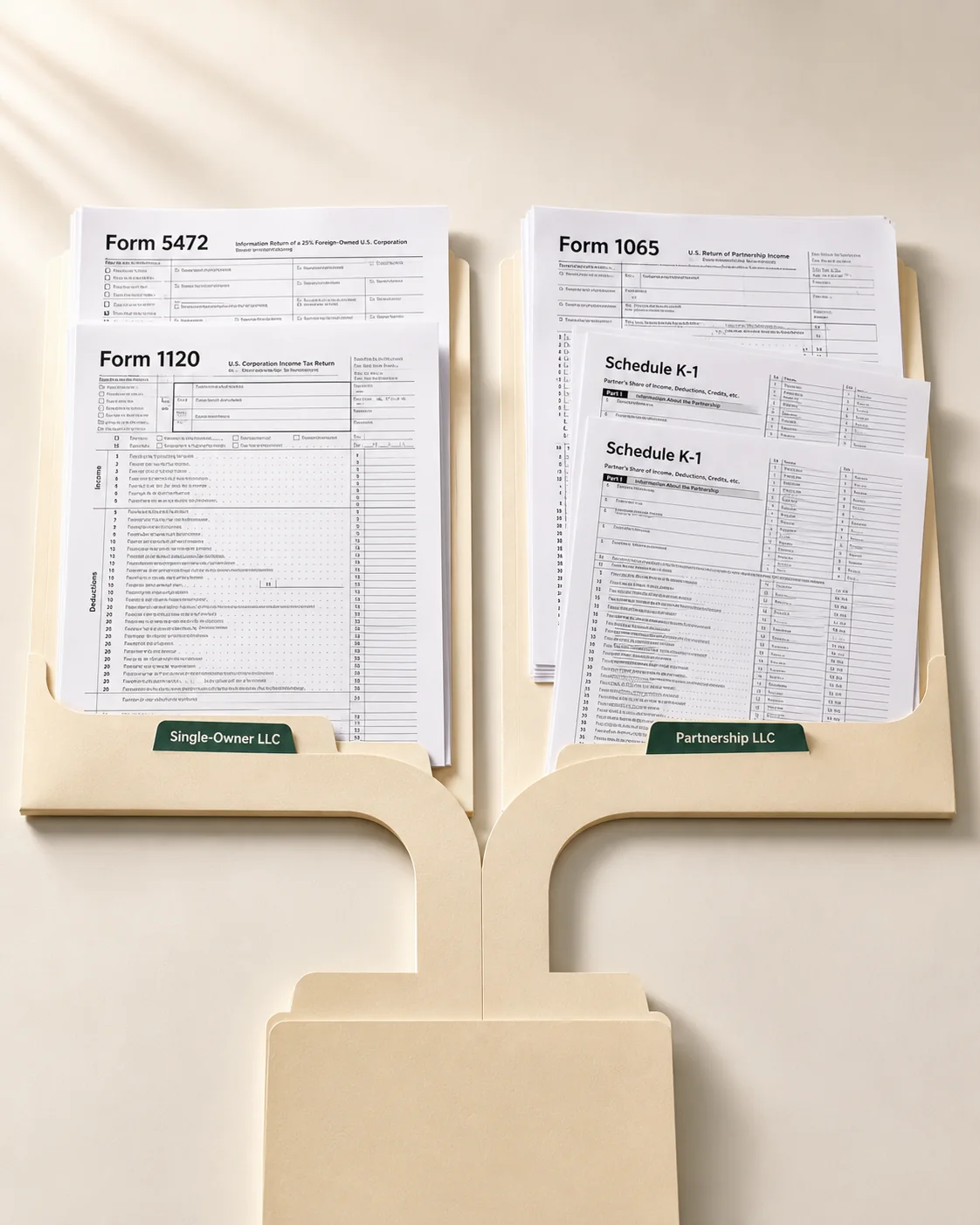 A single-owner LLC path leading to Form 5472 and Form 1120, beside a partnership LLC path leading to Form 1065 and Schedule K-1