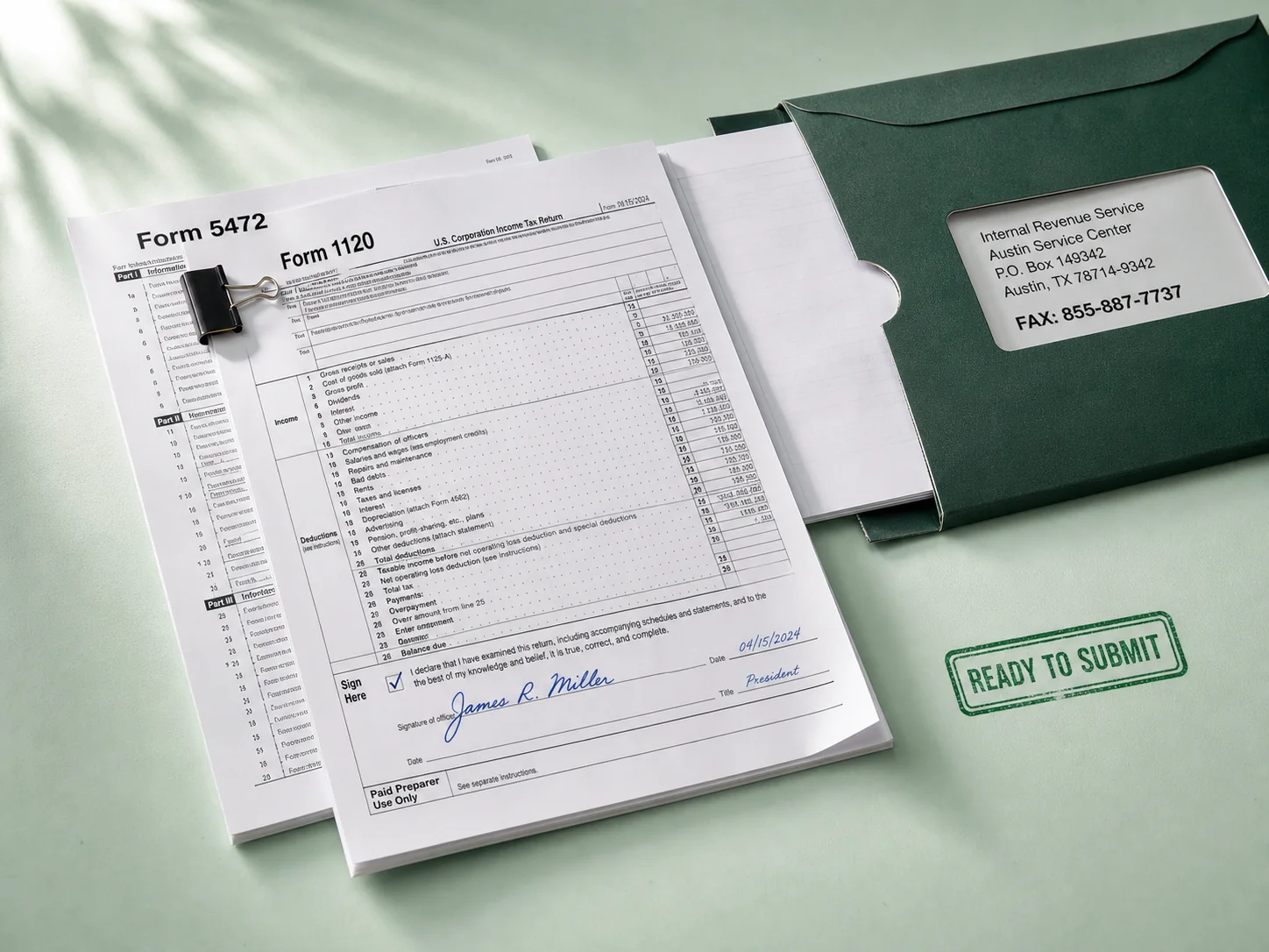 Signed Form 1120 and Form 5472 package marked ready to submit
